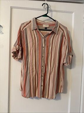 Universal Thread Casual Striped Button-Down Shirt - Pink Orange Cream